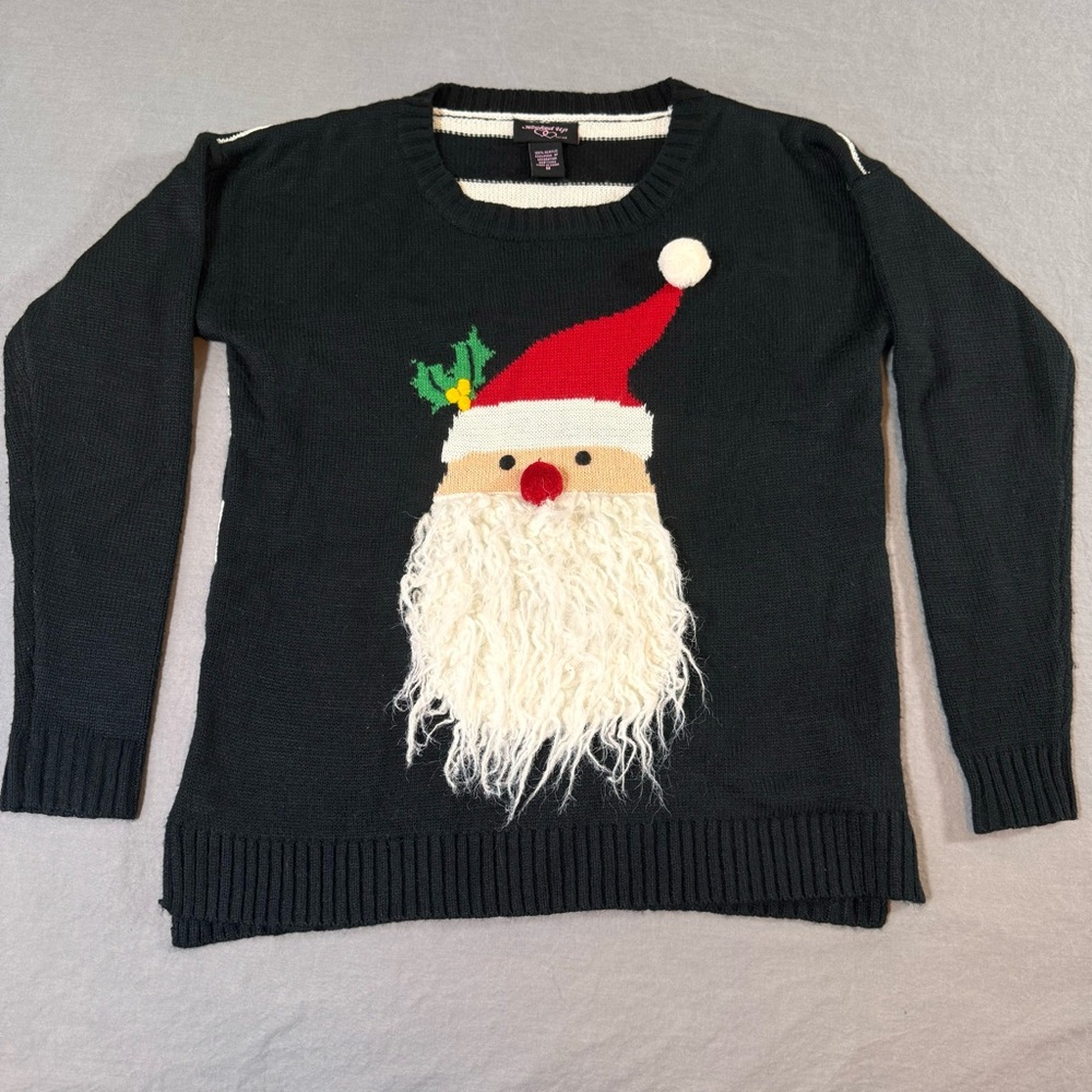 Hooked Up Women's Christmas Santa Pullover Sweater Sz Medium Black
